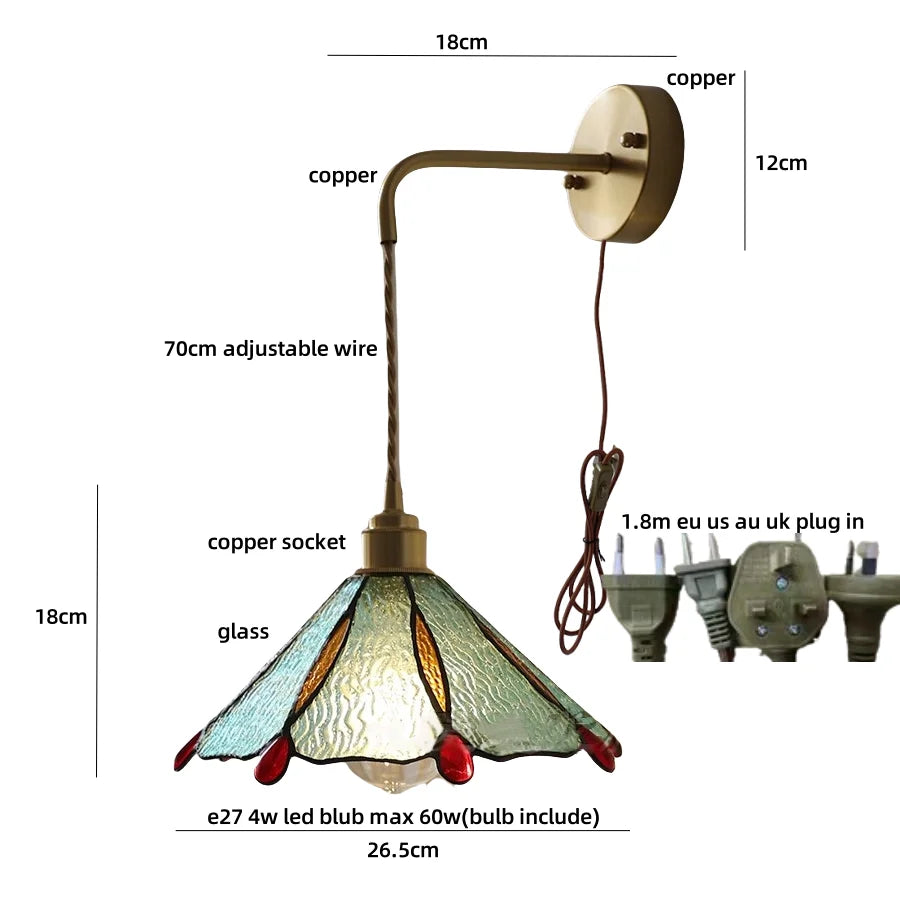 Afralia™ Tiffany Glass Adjustable LED Wall Sconce with Pull Chain Switch