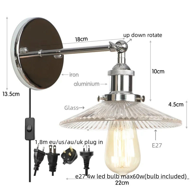 Afralia™ Vintage Chrome LED Wall Light with Clear Glass Sconce for Indoor Bedroom