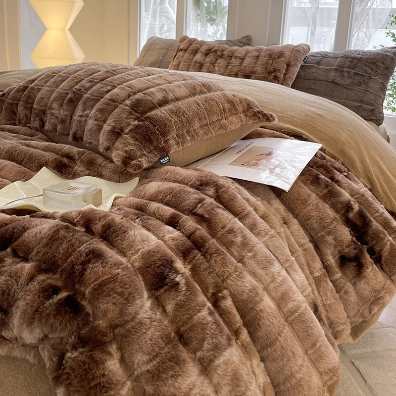Afralia™ Velvet Fleece Bedding Set: Duvet Cover, Blanket, Sheet, Pillowcases in Caramel Brown Fur