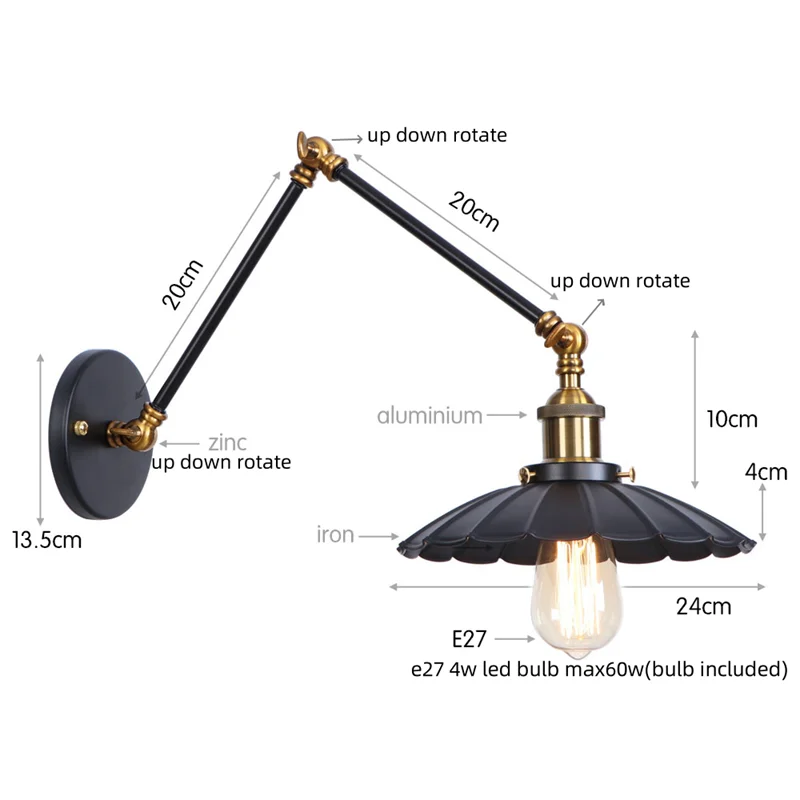 Afralia™ Black Iron LED Wall Light Fixture Industrial Vintage Adjustable Long Arm