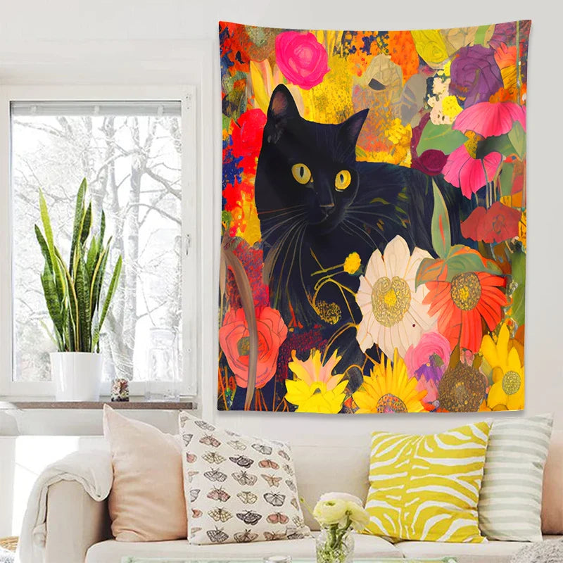 Afralia™ Cat Print Poster: Funny Black Cat in Floral Bouquet - Boho Home Decor