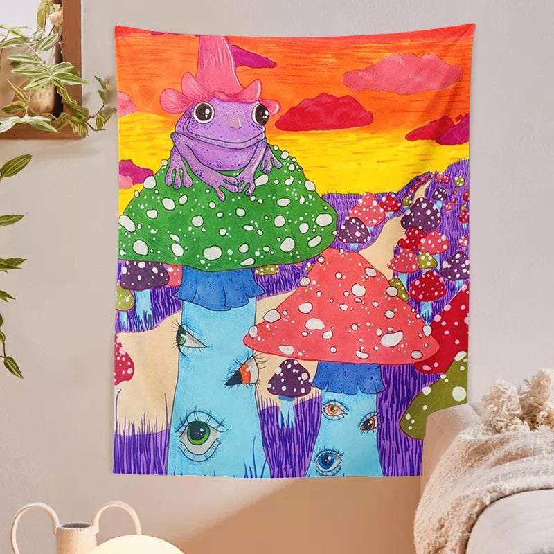 Afralia™ Mushroom Frog Psychedelic Tapestry Wall Hanging | Colorful Eye Carpet Tapestries