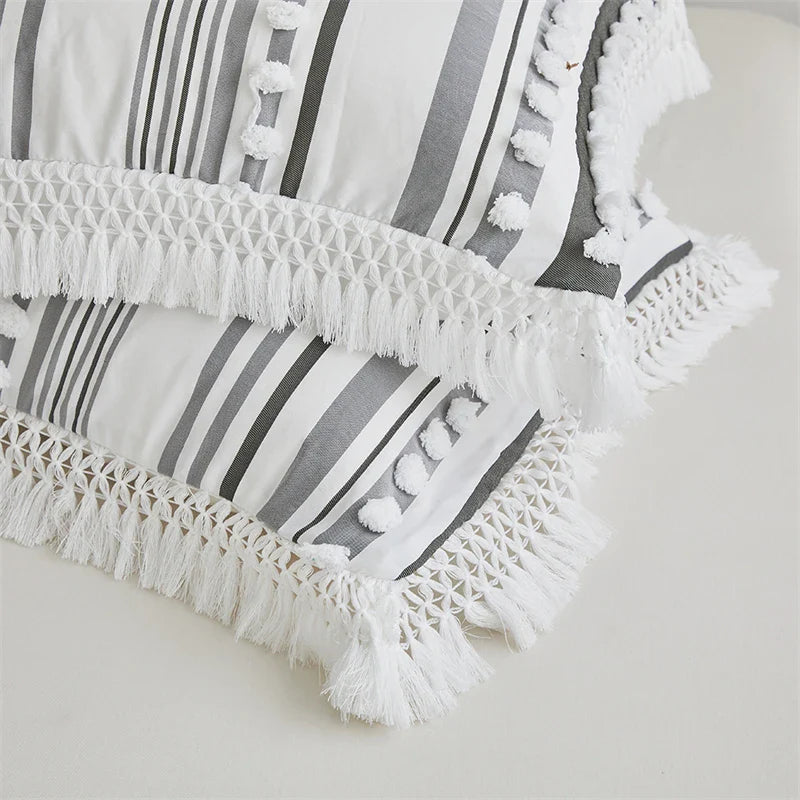 Afralia™ Striped Furball Double Duvet Cover Set: King/Queen Size Bedding with Tassels