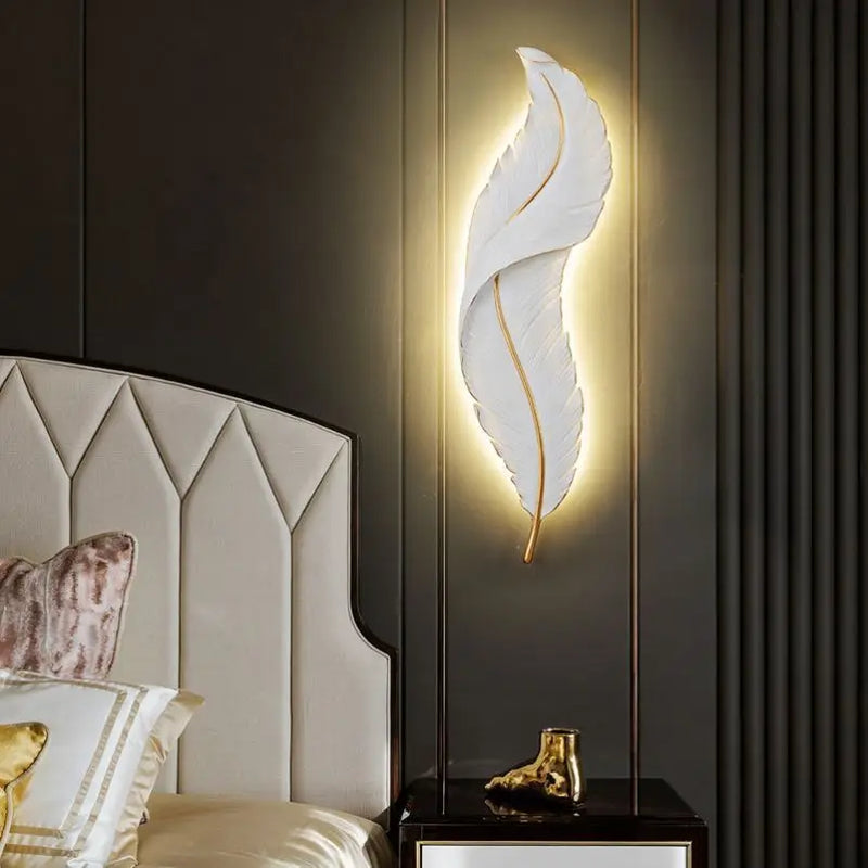 Afralia™ White Feather LED Wall Light Modern Night Lamp Decoration Bedroom Sconce