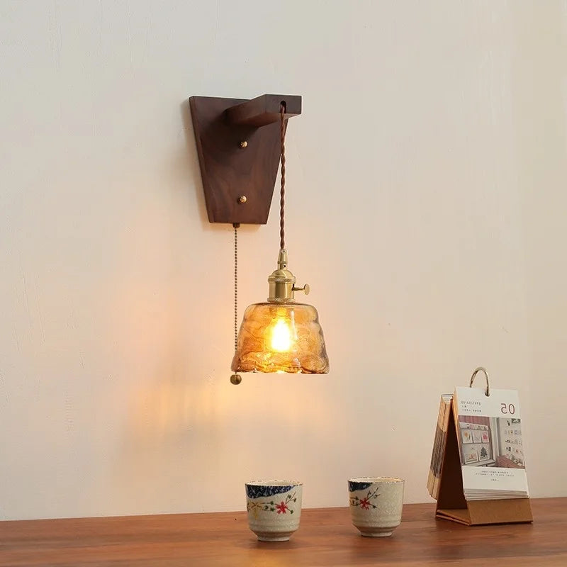 Afralia™ Walnut Copper LED Wall Lamp Sconce with Pull Chain Switch, Nordic Stair Light Fixtures