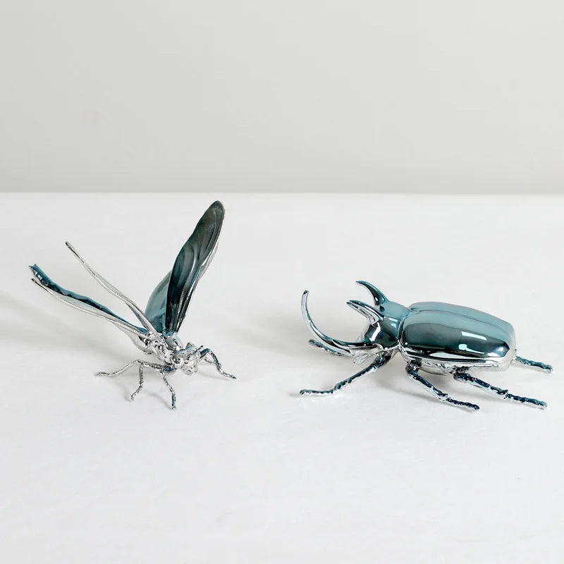 Afralia™ Silver Dragonfly & Beetle Metal Sculpture Home Decor Figurine