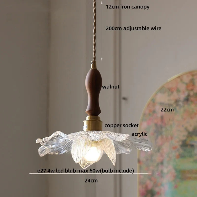 Afralia™ Acrylic LED Pendant Light: Copper Walnut Wood Flower Hang Lamp