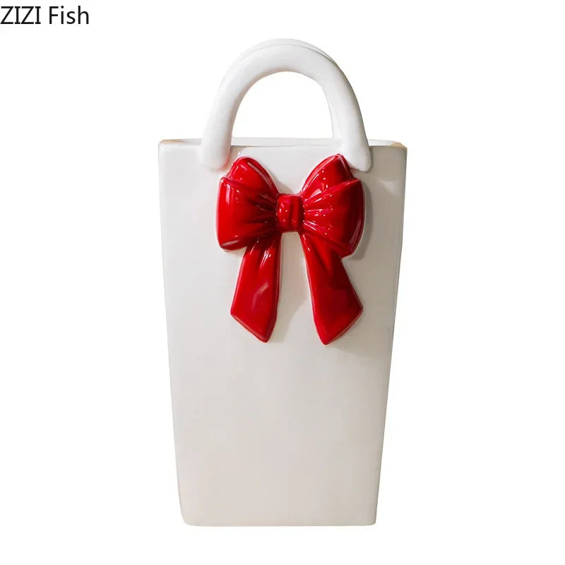 Afralia™ Bowknot Ceramic Vase Handbag Decor Table Flower Room Decor