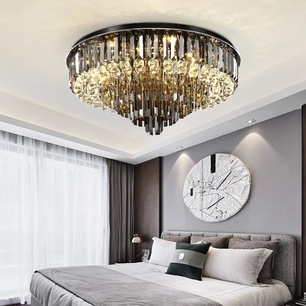 Afralia™ Smoky Gray Crystal Ceiling Chandelier: Modern LED Lighting Fixture for Living Room