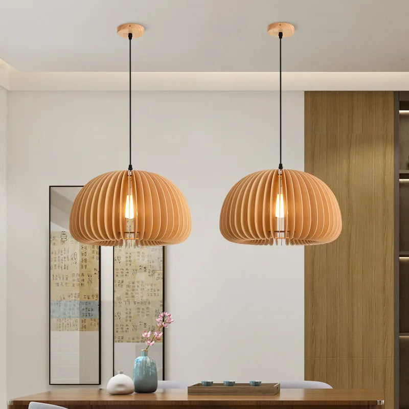 Afralia™ Wood Pumpkin Pendant Lights | Japanese Style Chandelier for Dining Room and Bedroom