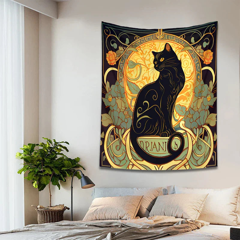 Afralia™ Black Cat Tapestry Wall Hanging Art Nouveau Floral Boho Decor