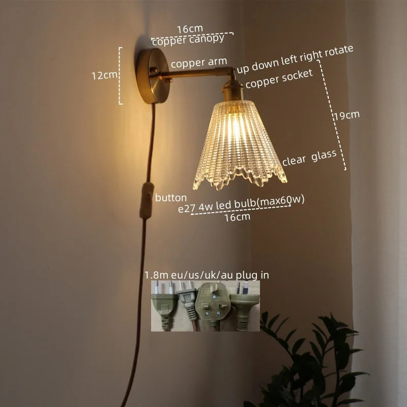 Afralia™ Vintage LED Wall Light Glass Copper Applique Da Parete