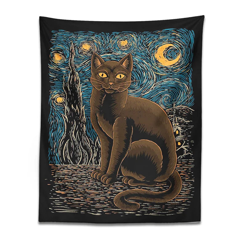 Afralia™ Starry Night Cat Tapestry: Van Gogh Inspired Mysterious Wall Decor