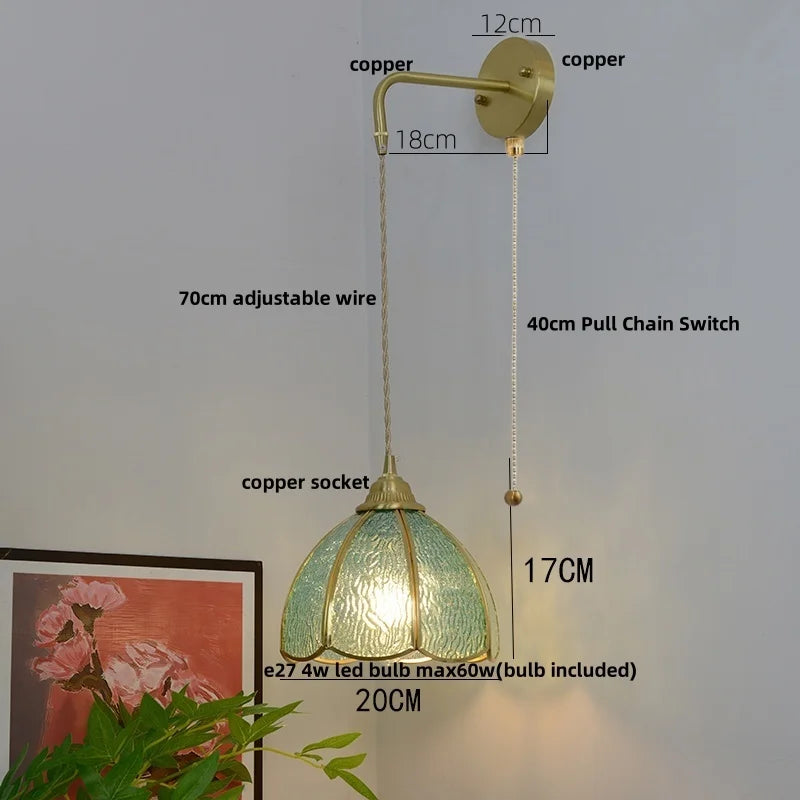 Afralia™ Glass Brass LED Wall Sconce Pull Chain Switch Vintage Vanity Light