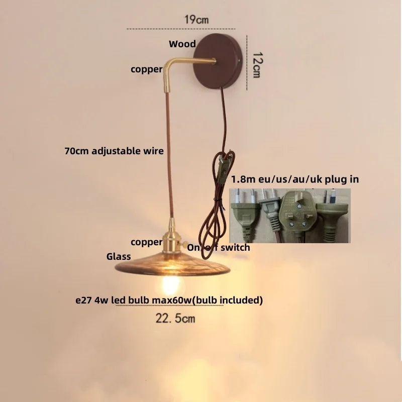 Afralia™ Walnut Wood LED Wall Light Glass Pull Chain Switch Nordic Modern Bedroom Lamp