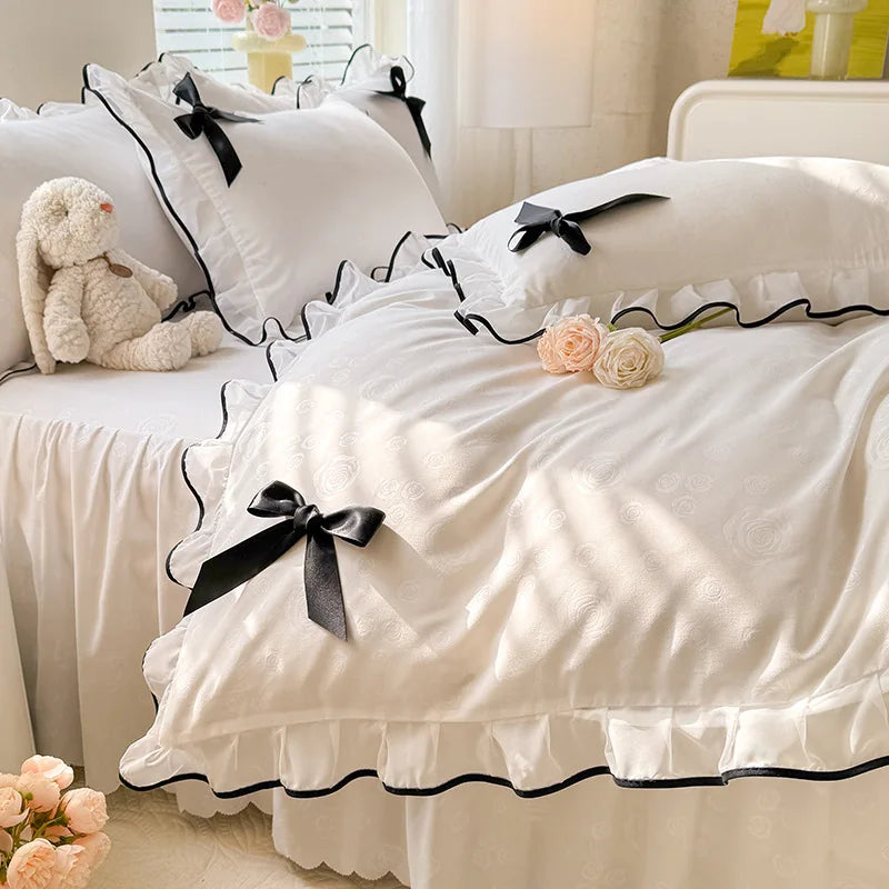 Afralia™ Lace Bow Bed Skirt Bedding Set in Romantic Solid Color for King Queen Double Sizes