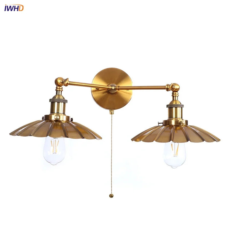 Afralia™ Industrial Retro LED Wall Lamp with Two Heads and Pull Chain Switch