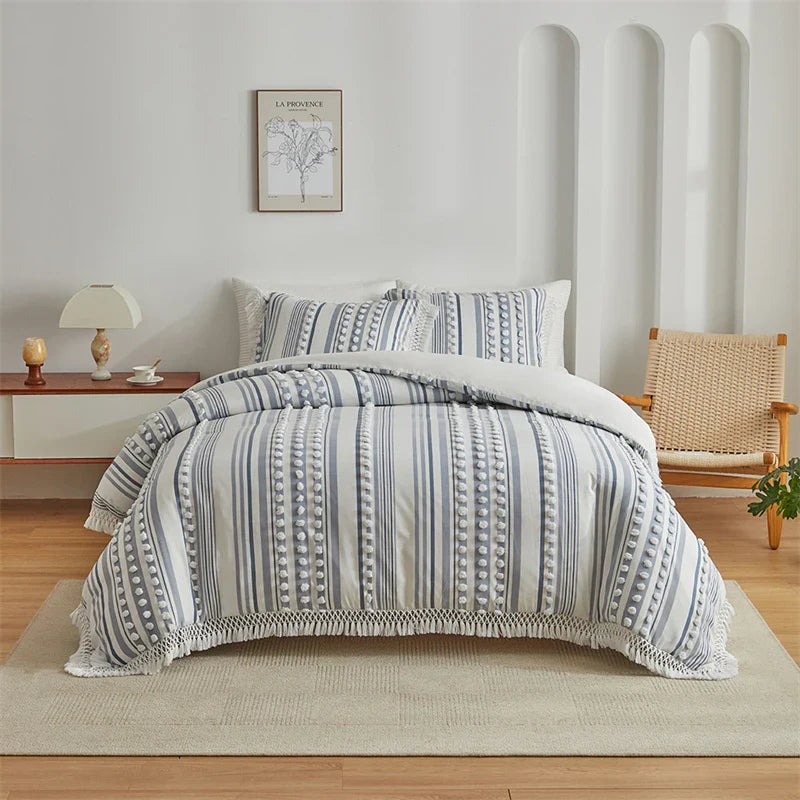 Afralia™ Striped Furball Double Duvet Cover Set: King/Queen Size Bedding with Tassels