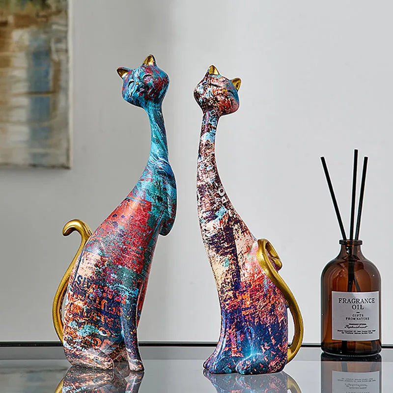 Afralia™ Cat Lovers Resin Figurines | Graffiti Couple Ornaments for Home Decor