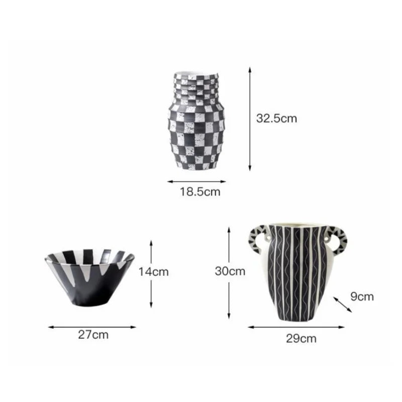 Afralia™ Black Check Geometric Striped Ceramic Vase - Handcrafted Floral Arrangement Pot
