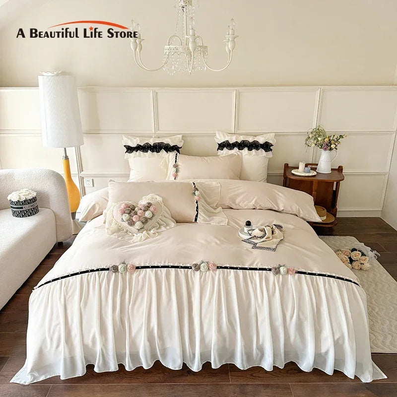 Afralia™ Rose Flowers Lace 1000TC Luxury Princess Wedding Bedding Set