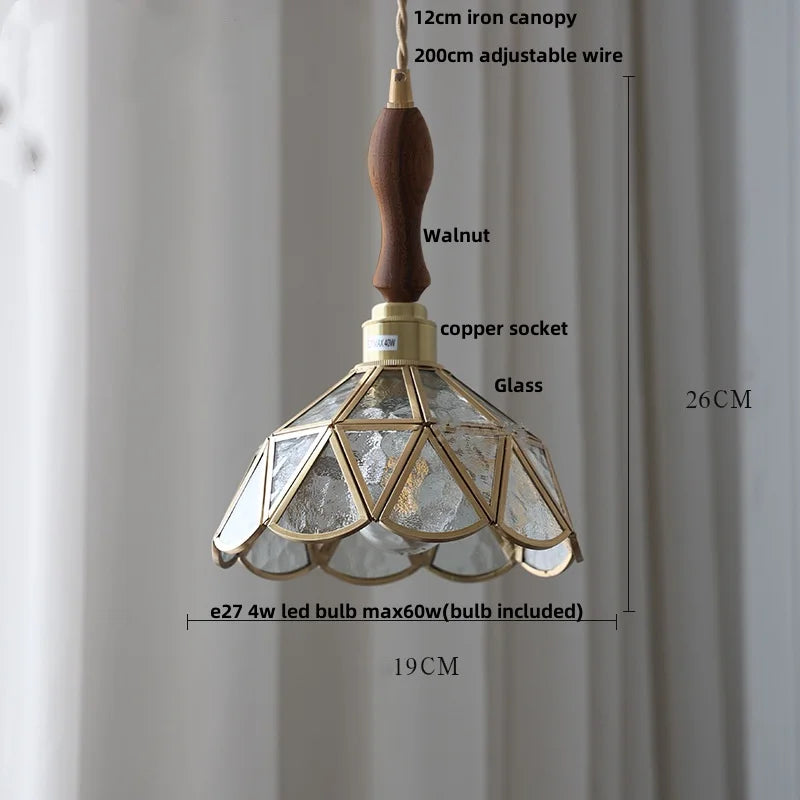 Afralia™ Walnut Wood LED Pendant Light Fixture Hand Stitched Glass Hang Lamp