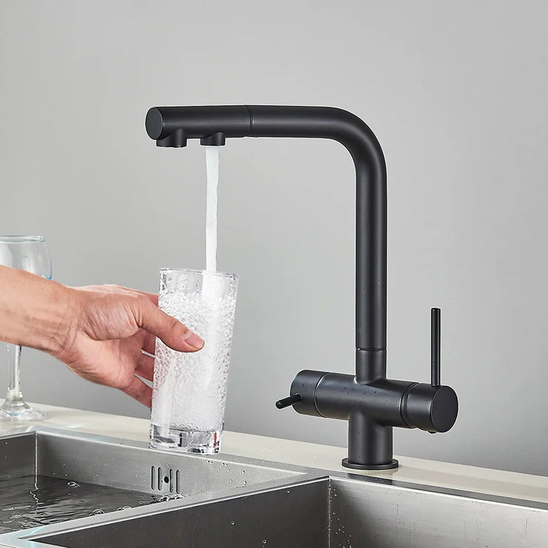 Afralia™ Waterfilter Kitchen Faucet Mixer Tap with Dual Handles and Pull Out Spout