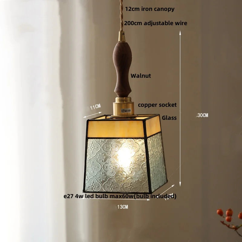 Afralia™ Magic Cube LED Pendant Lights Glass Walnut Wood Tiffany Style Hang Lamp