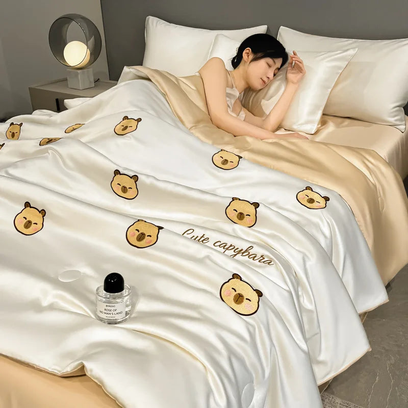 Afralia™ Washed Silk Embroidered Quilt Set Queen, Cooling Summer Blanket