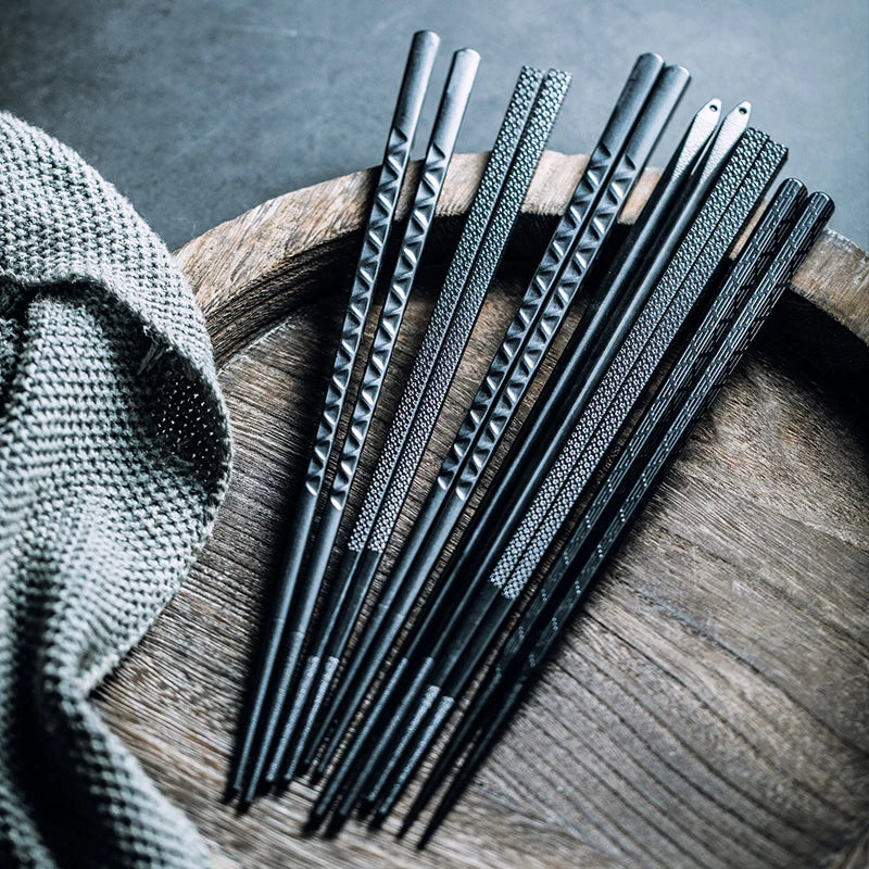 Afralia™ Japanese Style Black Alloy Chopsticks - 10 Pairs | Anti-Slip, Moisture-Proof, High Temperature Tableware