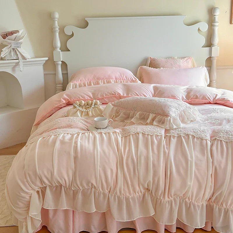 Afralia™ Pink Chiffon Lace Ruffles French Princess Bedding Set - 6-Piece Queen Size