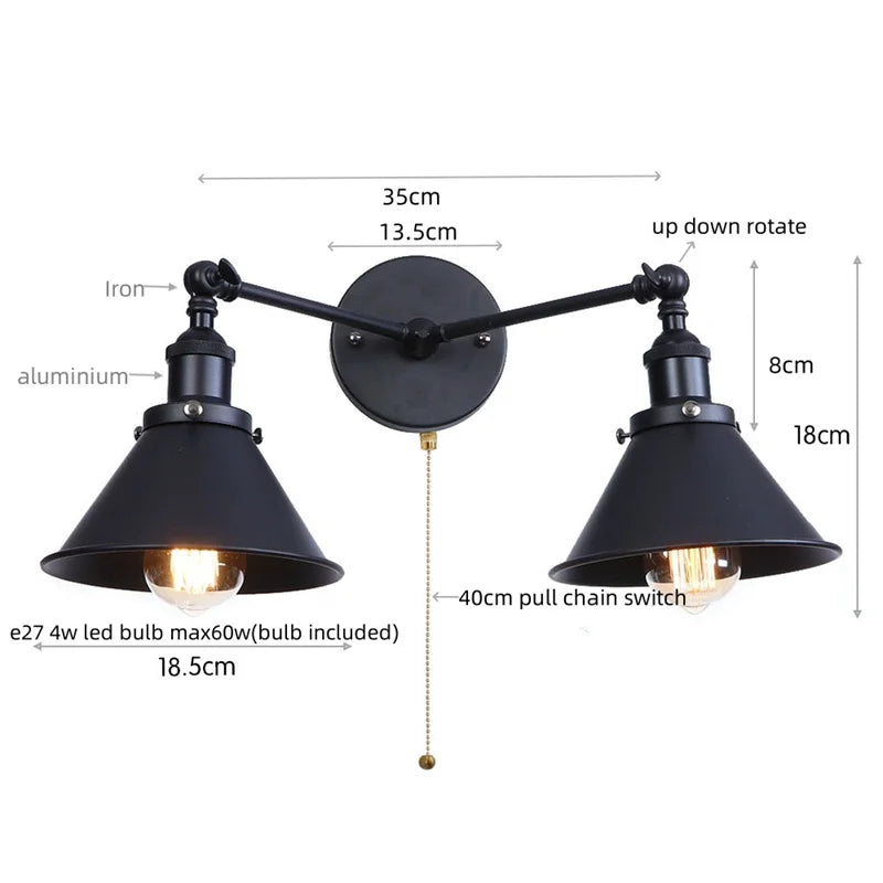 Afralia™ Loft Iron LED Wall Lamp 2 Heads Living Room Vintage Industrial Style Light