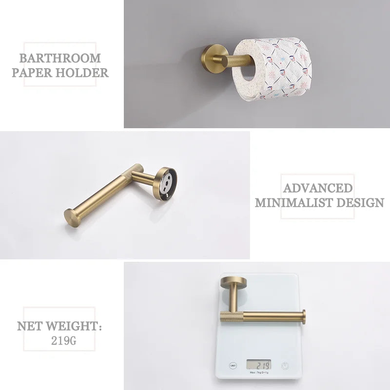 Afralia™ Brushed Gold Brass Bathroom Accessories Set: Hand Towel Bar, Toilet Paper Holder, Robe Hook