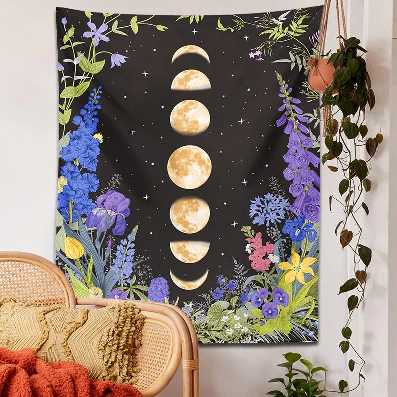 Afralia™ Moon Phase Purple Plant Star Floral Wall Tapestry