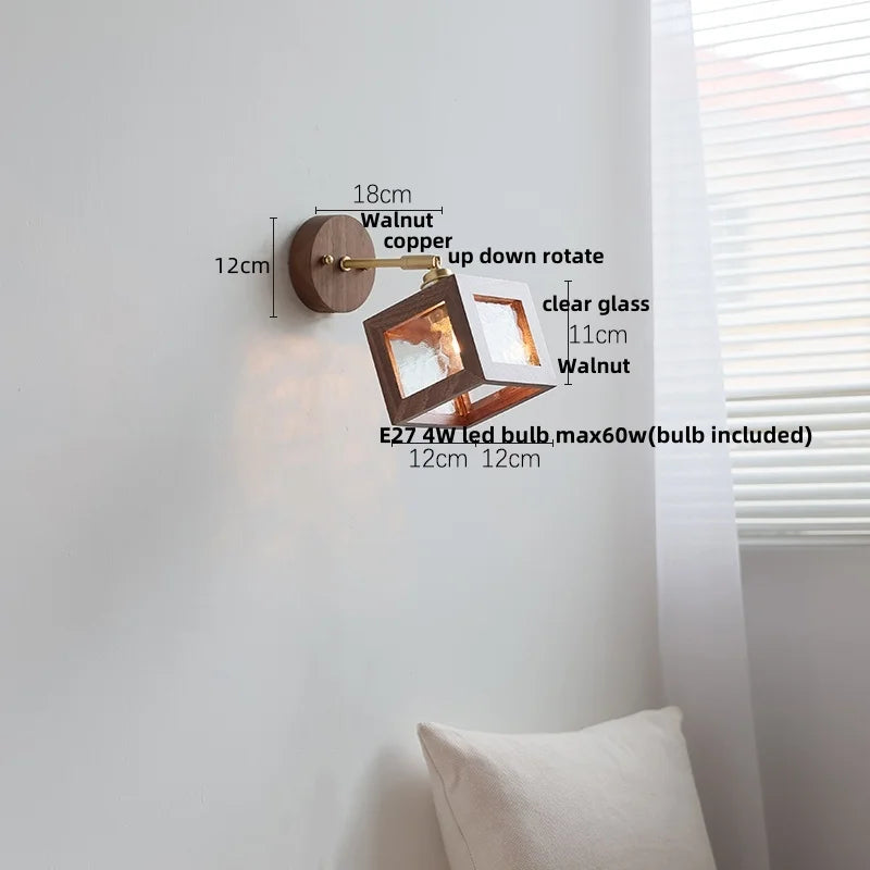 Afralia™ Modern Walnut Wood LED Wall Light Fixture Glass Bedroom Living Room Sconce