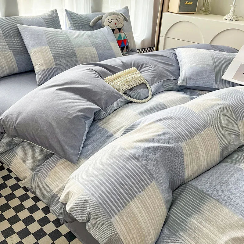 Afralia™ Pure Cotton Striped Bedding Set Duvet Cover Fitted Sheet Kit for Single/Double