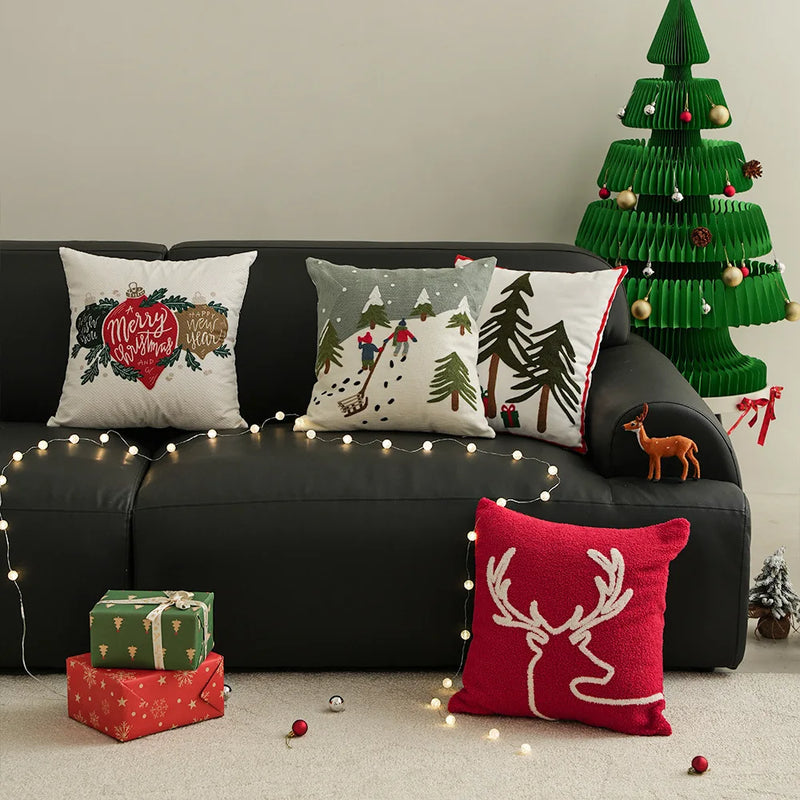 Afralia™ Embroidered Reindeer Christmas Pillow Cover - 45x45cm