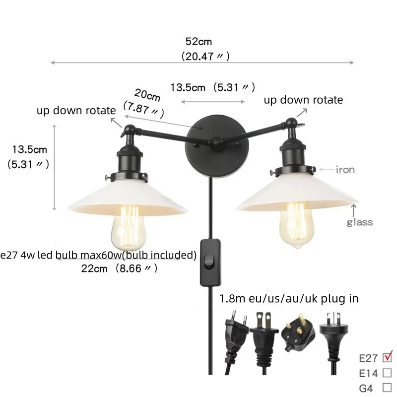 Afralia™ Industrial LED Wall Light Fixture with Pull Chain Switch, 2 Heads Bedside Lamp