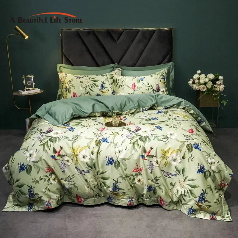 Afralia™ 1400TC Egyptian Cotton Bird Floral Bedding Set - Luxury 4Pcs