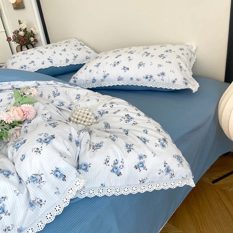 Afralia™ Vintage Lace Ruffles Duvet Set with Bed Sheet and Pillowcases