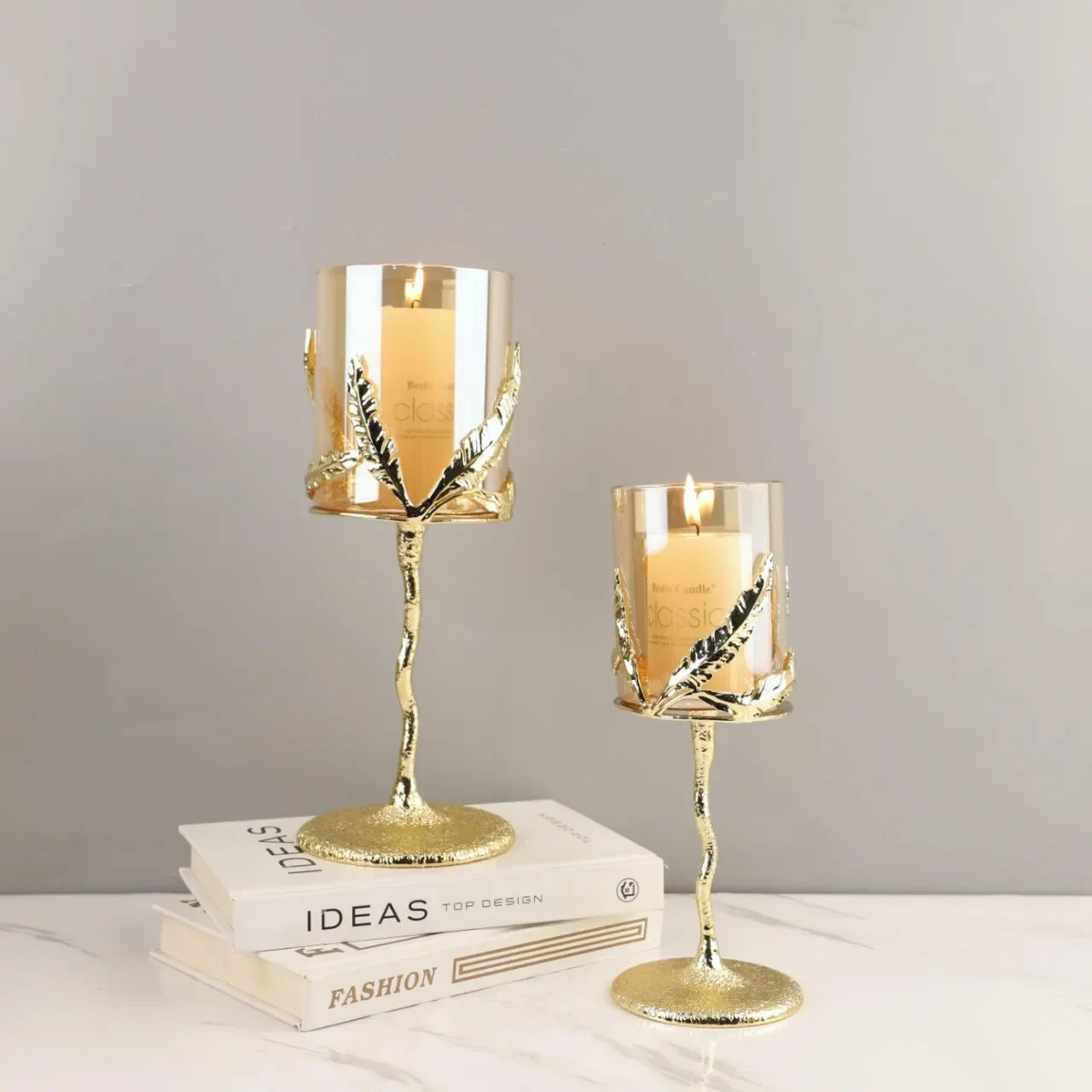 Afralia™ Glass Candle Holder with Golden Leaf Accent