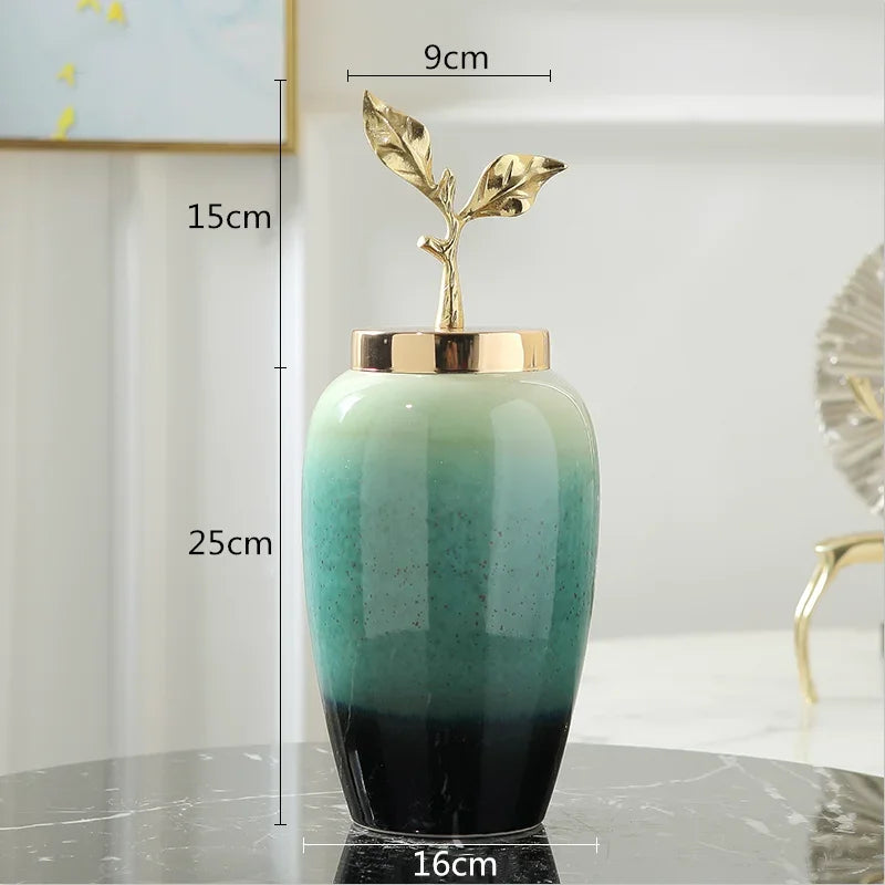 Afralia™ Gradient Ceramic Vase with Golden Leaves Cover for Modern Home Decor and Weddings