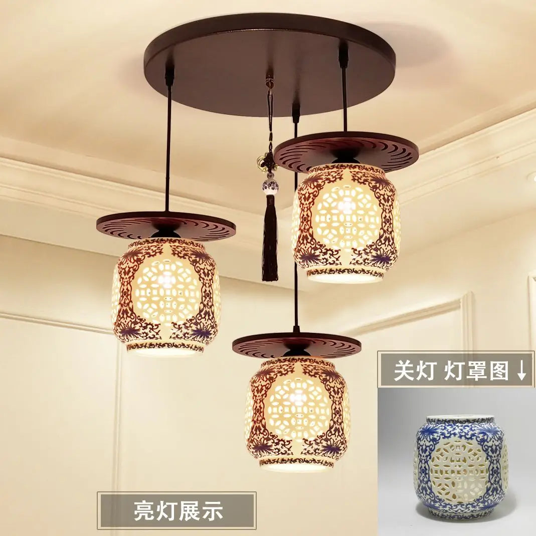 Afralia™ Three-Headed Chinese Antique Ceramic Pendant Light for Study, Dining Room, Bedroom