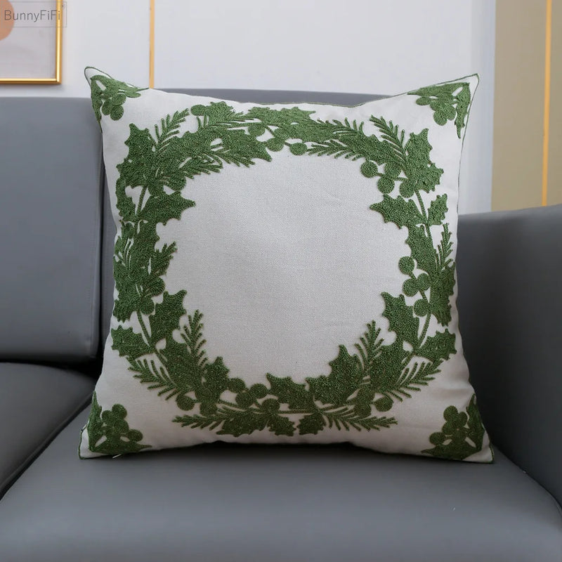 Afralia™ Christmas Snowflake Deer Cushion Cover Green Red Square Embroidery Pillow Case 45x45cm