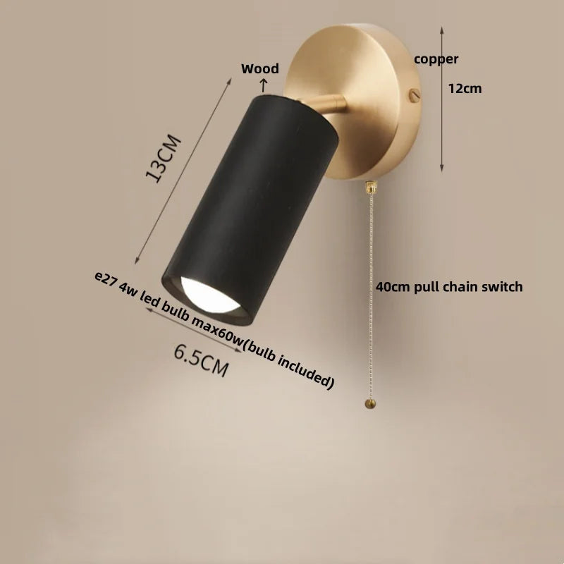 Afralia™ Wood Nordic LED Wall Light - Modern Copper Canopy Bedside Lamp