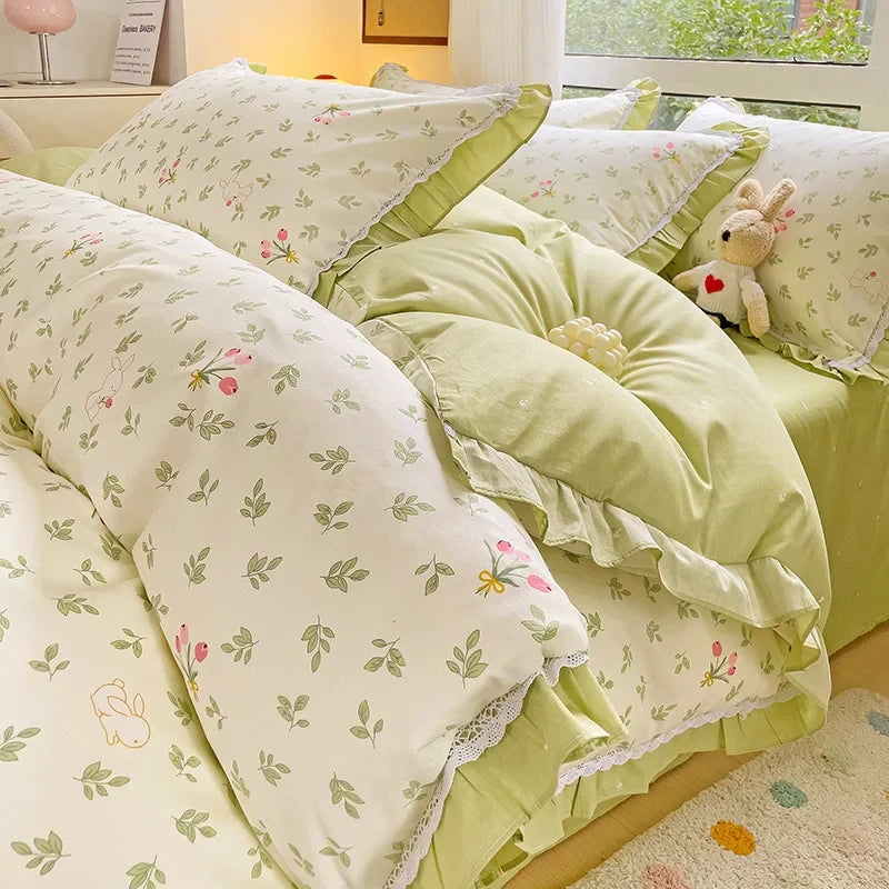 Afralia™ Floral Ruffles Bedding Set with Duvet Cover, Sheets, and Pillowcases