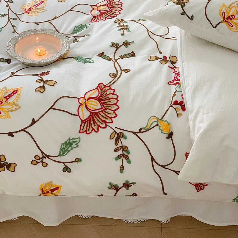 Afralia™ Cotton Bohemia Flowers Embroidery 4pcs Bedding Set Vintage Duvet Cover King Queen