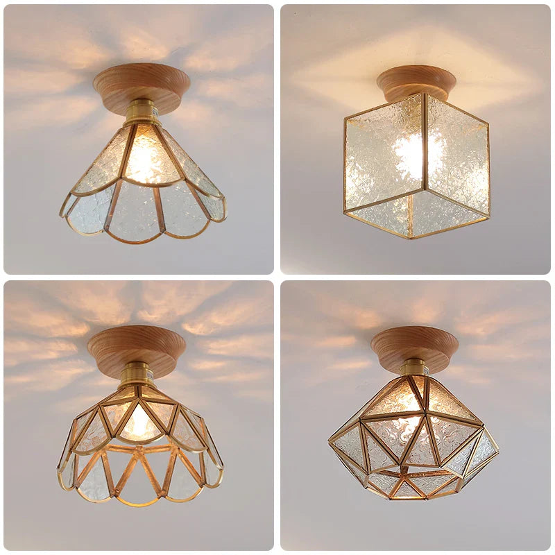 Afralia™ Tiffany Glass Copper Ceiling Lights Wood Ash LED Lamp Japan Style
