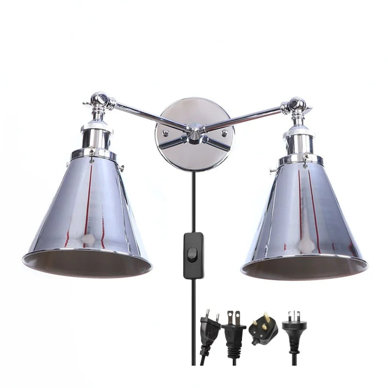 Afralia™ Loft Plug-in LED Wall Lamps Industrial Silver Vintage 2 Heads Lighting