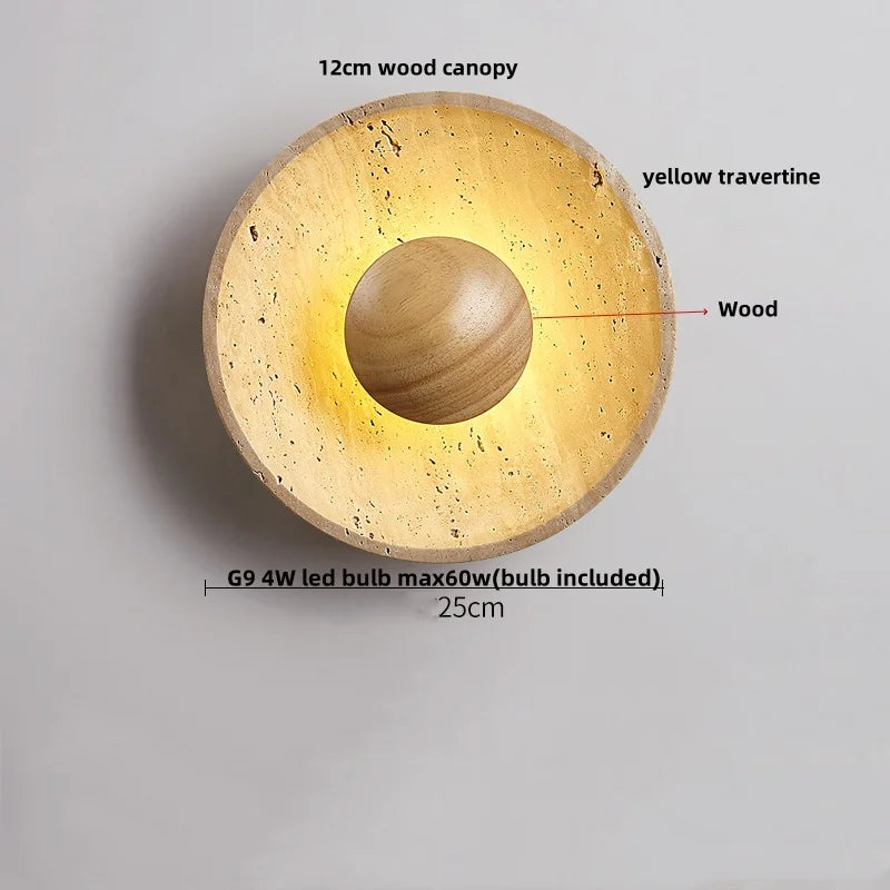 Afralia™ Travertine Wood Canopy LED Wall Lights Bedside Lamp Japan Style Sconce